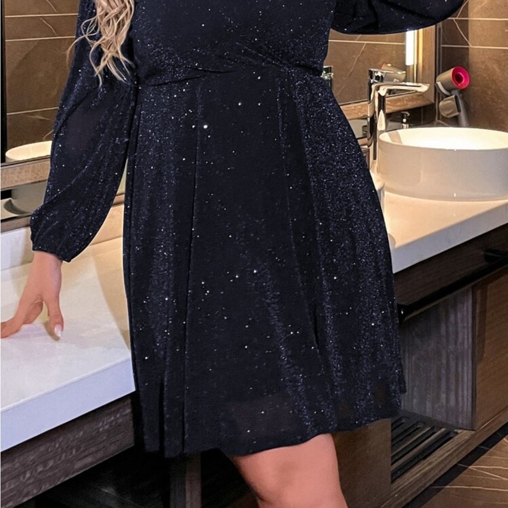 Allurite Plus Size V-Neck Crisscross Wrap Elegant Long Sleeve Dress